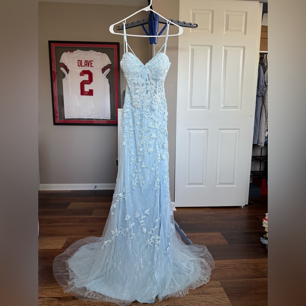 Baby blue floral full length prom dress